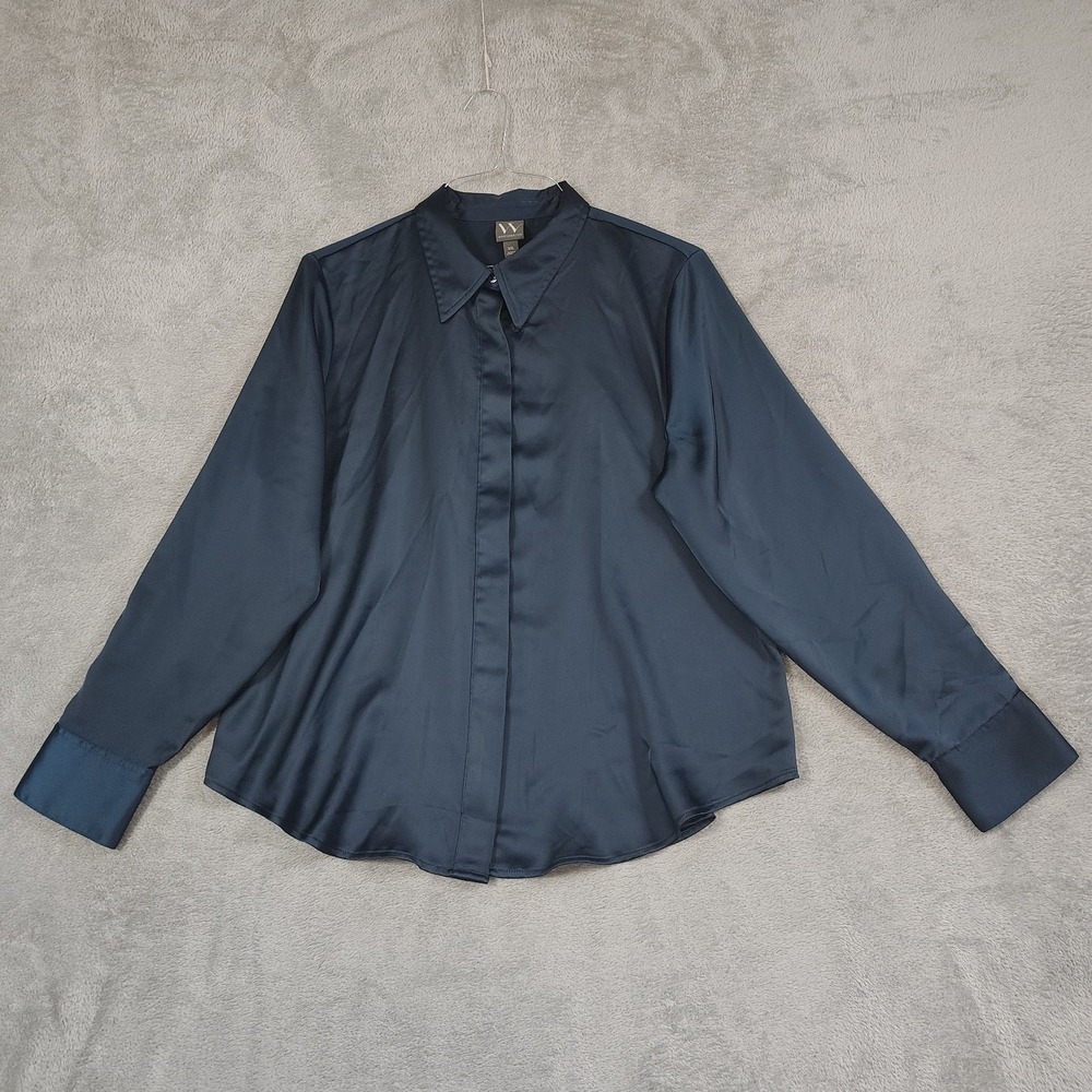 Worthington Women Teal Green Collared Long Sleeve Satin Button Up Shirt Size XXL